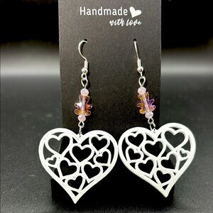 Heart Earrings - White and Pink Teddy Bear
